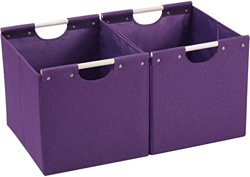 HOONEX Large Collapsible Storage Bins, Linen Fabric, Pack of 2, Storage Baskets with Wooden Carry Handles and Sturdy Heavy Cardboard, for Home, Office, Car, Nursery, Dark Purple by HOONEX