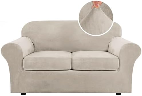 H.VERSAILTEX Real Velvet Plush 3 Piece Stretch Sofa Covers Couch Covers for 2 Cushion Couch Loveseat Covers Width Up to 72 Inch Feature Thick Soft Stay in Place (Medium Sofa, French Oak) by HVERSAILTEX