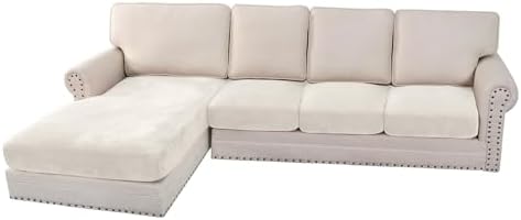 H.VERSAILTEX Velvet Stretch Sectional Couch Covers 4 Pieces Sofa Seat Cushion Covers L Shape Separate Cushion Couch Cover for Left/Right Sectional Couch(Large Sofa 3 Seater + 1 Chaise,Porcelain White) by HVERSAILTEX