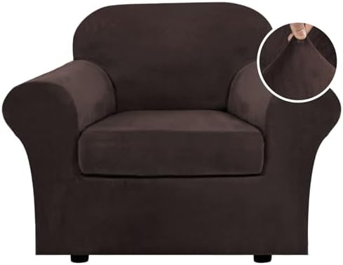 H.VERSAILTEX Rich Velvet Stretch 2 Piece Cover Chair Slipcover Sofa Cover Furniture Protector Couch Soft with Elastic Bottom Chair Couch Cover with Arms Width Up to 49 Inch(Chair,Brown) by HVERSAILTEX