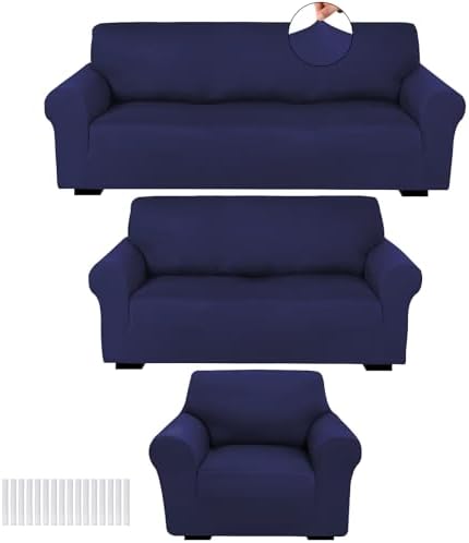 Peryiter 3 Pcs Couch and Loveseat Sofa Covers,Navy Blue,Milk Silk by Peryiter