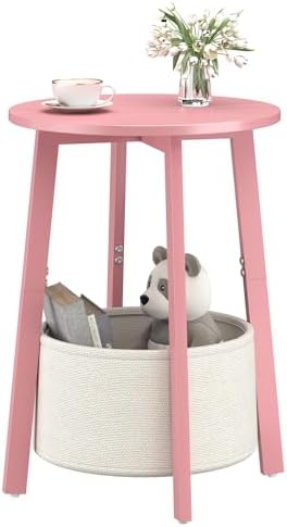sthmec Small Round Side End Table with Cloth Storage Basket, Round Bedside Sofa Couch Coffee Tables for Small Places with Metal Frame, Modern Nighstands for Living Room Bedroom, Pink by Unknown