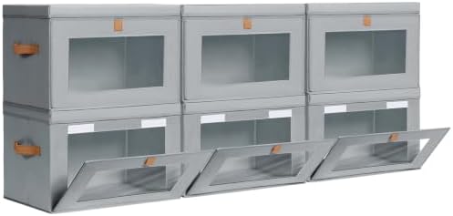 Homsorout Storage Bins with Lids - Front Opening Storage Box with Clear Window & Handles, Stackable Foldable Fabric Bins for Closet Organization, Clothes, Sweaters, Towels, Blankets, 6 Pack, Grey by Homsorout
