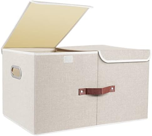 TYEERS Extra Large Collapsible Storage Bins with Lids and Compartments, Washable, Fabric Storage Boxes, 21.7x13x11.8 inches, 1 Pack, Beige by StorageOrganization