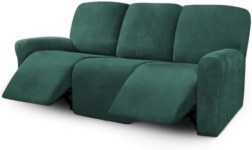 ULTICOR Velvet 8-Pieces Recliner Sofa Covers Stretch Reclining Couch Covers for 3 Cushion Reclining Sofa Slipcovers Furniture Covers Thick Soft Washable (3 Seater Recliner Cover, Retro Green) by ULTICOR