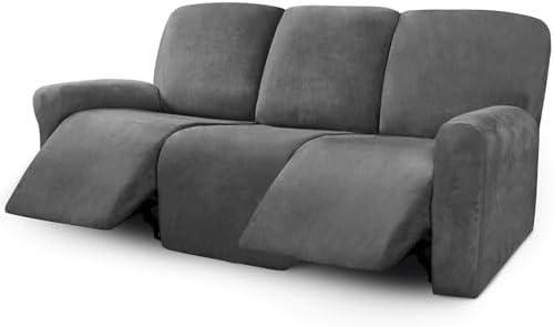 ULTICOR Velvet 8-Pieces Recliner Sofa Covers Stretch Reclining Couch Covers for 3 Cushion Reclining Sofa Slipcovers Furniture Covers Thick Soft Washable (3 Seater Recliner Cover, Dark Gray) by ULTICOR