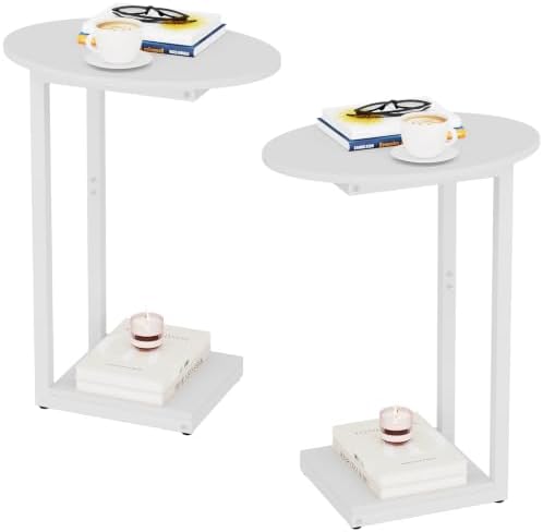 Hosfais Small Side Table End Table, C-Shaped Wood Coffee Table TV Tray for Eating Couch Tables for Small Space, Living Room, Bedroom, Couch (White 2 Pack) by HosfaisHome