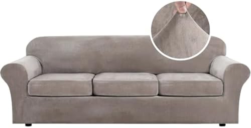 H.VERSAILTEX Velvet 4 Piece High Stretch Sofa Slipcover Cover Furniture Protector Form Fit Luxury Thick Velvet Extra Large Sofa Cover for 3 Cushion Couch Width Up to 105 Inch (XL Sofa, Taupe) by HVERSAILTEX