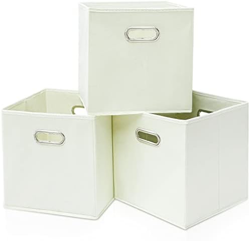 Black Fabric Cubby Storage Bins,13x13x13 Inches ,Cube Organizer Bin Foldable Storage Boxes with Dual Handles Fabric Organizer Box and collapsible Storage basket,Set of 3,Creamy-White by Yunkeeper