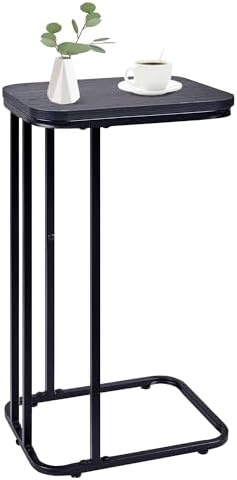 KJGKK C Shaped End Table, 27 Inches High Small Side Table for Sofa and Bed, Couch Table That Slides Under, Tall Tv Tray Table for Living Room, Bedroom, Metal Frame, Ebony Black by KJGKKHOME