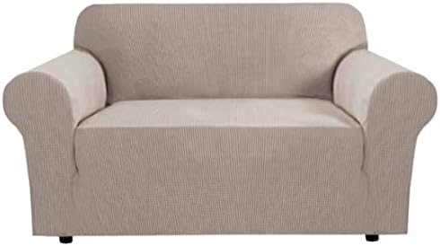 H.VERSAILTEX Stretch Couch Cover Loveseat Covers for 2 Cushion Couch Slipcover|Sofa Cover for Love seat 1 Piece with Elastic Bottom, Checked Jacquard Fabric(Loveseat 58'-70' Wide, Sand) by HVERSAILTEX