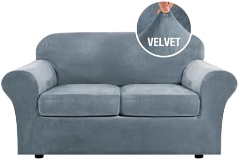 H.VERSAILTEX Real Velvet Plush 3 Piece Stretch Sofa Covers Couch Covers for 2 Cushion Couch Loveseat Covers Width Up to 72 Inch Feature Thick Soft Stay in Place (Medium Sofa, Stone Blue) by HVERSAILTEX