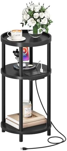 HOOBRO Small Round Side Table with Charging Station, 3-Tier Round Bamboo End Table, Compact Sofa Bedside Table for Small Space, Easy Assembly, for Living Room, Bedroom, Apartment, Black BB152UBZ01 by HOOBRO