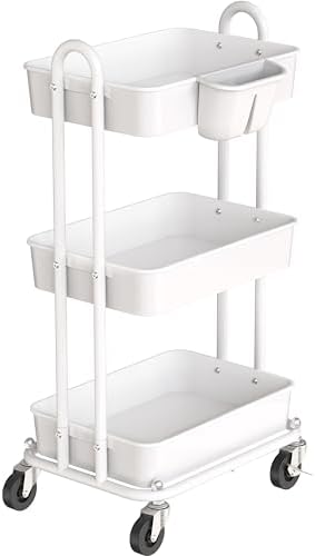 Simple Houseware 3-Tier Rolling Utility Cart with Hanging Bucket, White by SimpleHouseware