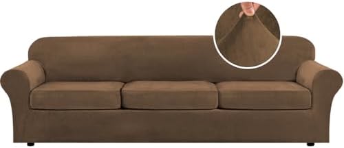 H.VERSAILTEX Modern Velvet Plush 4 Piece High Stretch Sofa Slipcover Furniture Protector Form Fit Velvet Extra Large Sofa Cover for 3 Cushion Couch Width Up to 105 Inch (XL Sofa, Bronze Brown) by HVERSAILTEX