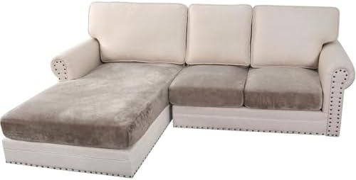 H.VERSAILTEX Velvet Stretch Sectional Couch Covers 3 Pieces Sofa Seat Cushion Covers L Shape Separate Cushion Couch Cover for Both Left/Right Sectional Couch (Large Sofa 2 Seater + 1 Chaise, Taupe) by HVERSAILTEX