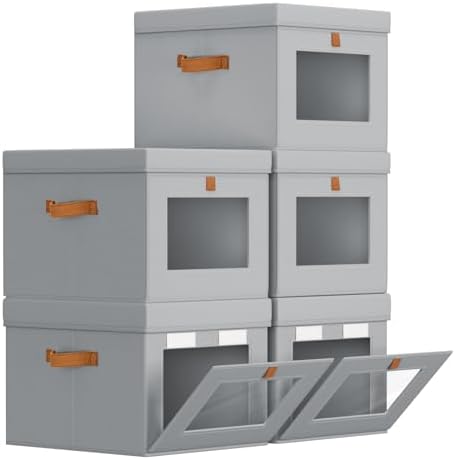 Homsorout Storage Bins with Lid – Closet Organizer with Side Opening and Clear Window, Foldable Stackable Fabric Basket for Clothes, Home, Office - 13.77" x 11.8" x 9.8", 5 Pack, Grey by Homsorout