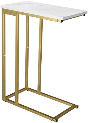 Yusong C Shaped End Table, Couch Side Table that Slide Under Sofa Bed, Small Table for Small Spaces, Skinny Overbed Table for Coffee Drink Snack, Living Room, Gold and White Marbled Wooden Top by Yusong