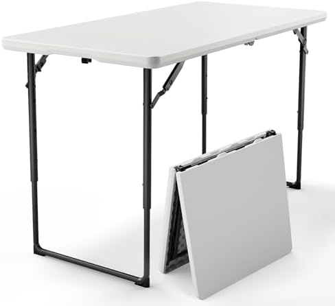 4ft Folding Table with Adjustable Height, Heavy Duty Fold-in-Half Plastic Table with Steel Legs, Portable for Indoor, Outdoor, Picnic, Camping, Dining, Party, White by FoldingFurniture