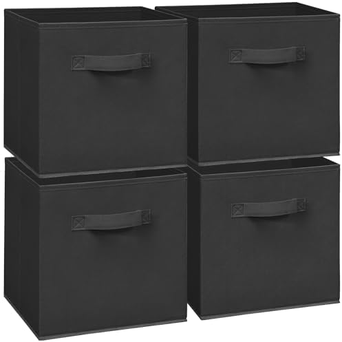 11 Inch Fabric Storage Cubes, Sturdy Foldable Storage Bins, Heavy Duty Cube Organizer for Clothes, Blankets, Shelves, Closets, Bedroom, Living Room, Black, 4 Pack by Unknown