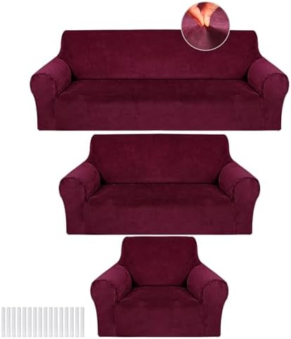 Peryiter 3 Pcs Couch and Loveseat Sofa Covers,Burgundy,Velvet by Peryiter