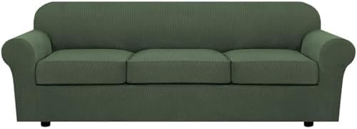 H.VERSAILTEX 4 Piece Stretch Sofa Covers for 3 Cushion Couch Covers for Living Room Furniture Slipcovers (Base Cover Plus 3 Seat Cushion Covers) Thicker Jacquard Fabric (Large Sofa, Bronze Green) by HVERSAILTEX
