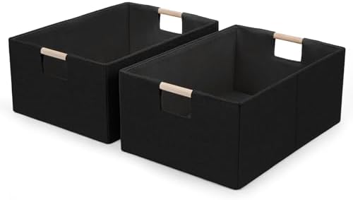 Foldable Fabric Storage Cubes, 2 Packs Cloth Storage Baskets with Wooden Handles, Collapsible Shelf Closet Organizer Bins, Rectangular Storage Boxes for Decor (Black 2 Pack) by Welcometobuy