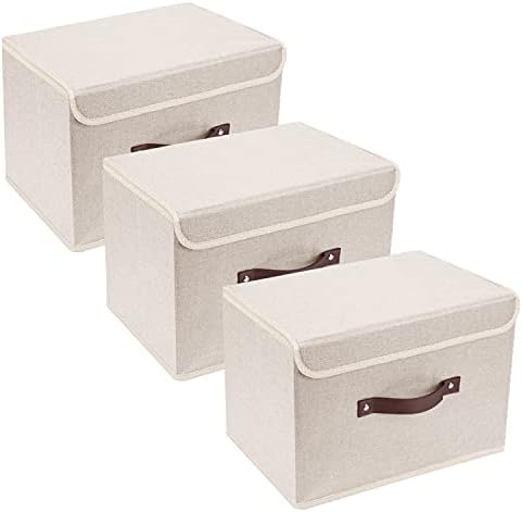 TYEERS Collapsible Storage Boxes, Washable Fabric Storage Bins with Lids, 14.9x9.8x9.8 inches, 3 Pack, Beige by StorageOrganization