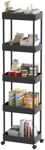 Sooyee 5-Tier Plastic Rolling Utility Cart with Wheels, Multi-Functional Storage Trolley for Office, Living Room, Kitchen, Movable Storage Organizer, Black by Sooyee