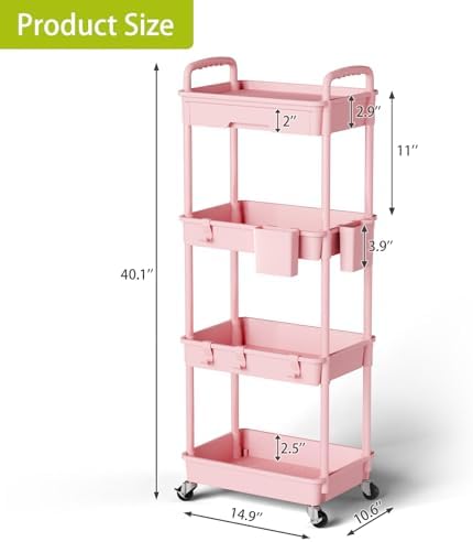 Sorgion 4 Tier Rolling Cart Organizer,Art Craft Diaper Bedside Snack Laundry Room Bathroom Organizer Narrow Thin Slim Rolling Trolley Utility Cart with Wheels for Kitchen,Office(Pink) - Image 3
