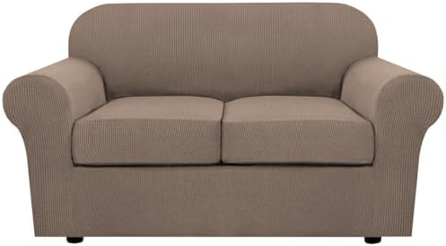 H.VERSAILTEX 3 Piece Stretch Sofa Covers for 2 Cushion Loveseat Couch Covers for Living Room Sofa Slipcovers (Base Cover Plus 2 Seat Cushion Covers) Jacquard Fabric (Medium Sofa, Macchiato) by HVERSAILTEX