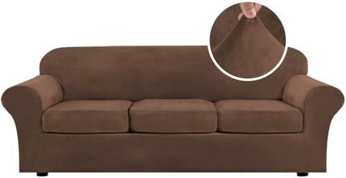 H.VERSAILTEX High Stretch Sofa Slipcover 4 Piece Cover Velvet Furniture Protector Form Fit Thick Velvet Extra Large Sofa Cover for 3 Cushion Couch Width Up to 97 Inch (Large Sofa, Caramel Cafe) by HVERSAILTEX