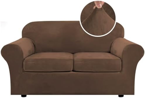 H.VERSAILTEX Real Velvet Plush 3 Piece Stretch Sofa Covers Couch Covers for 2 Cushion Couch Loveseat Covers Width Up to 72 Inch Thick Stay in Place (Medium Sofa, Caramel Cafe) by HVERSAILTEX
