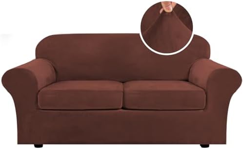H.VERSAILTEX Real Velvet Plush 3 Piece Stretch Sofa Covers Couch Covers for 2 Cushion Couch Sofa Slipcovers Width Up to 90 Inch Feature Thick Soft Stay in Place (Sofa, Burnt Brick) by HVERSAILTEX