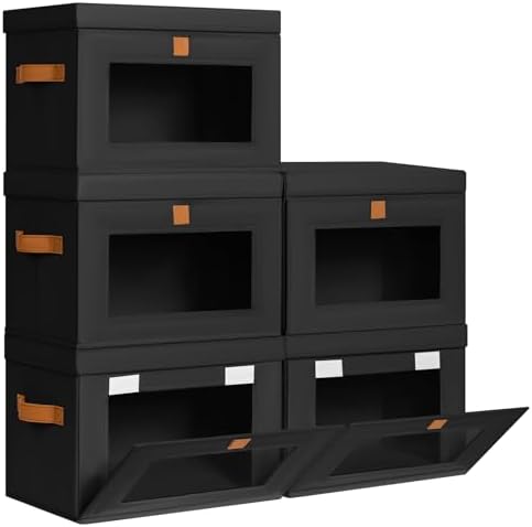 DIMJ Storage Bins with Lids - 5 Pack Front Opening Stackable Fabric Storage Boxes with Clear Window & Handles, Collapsible Closet Organizers for Clothes, Sweaters, Shelf Storage, Bedroom, Black by DiMJ