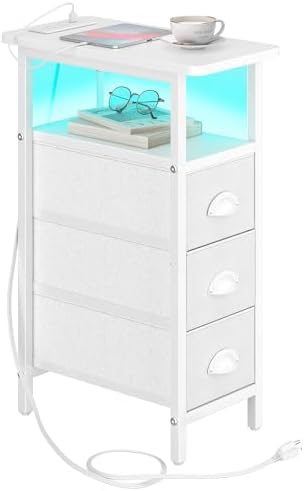 sthmec End Table with Charging Station,LED Side Tables with USB Ports and Outlets,Skinny Bedside Tables with 3 Drawers,Small Tabls Nightstands for Small Space,Slim Sofa Table for Livingroom, White by Unknown