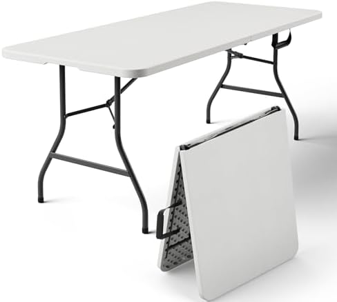 Folding Table 6FT Heavy Duty Plastic Table with Handle, Foldable&Portable, Fold-in-Half Utility Tables for Outdoor, Dining, Wedding, Events, Indoor, Picnic, Camping, Party, White by FoldingFurniture