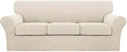 Turquoize 4 Piece Couch Cover Sofa Covers for 3 Cushion Couch Sofa Slipcovers Washable Sofa Cover for Dogs with Individual Couch Cushion Covers Feature Jacquard Fabric(3 Cushion Sofa, Biscotti Beige) by Turquoize