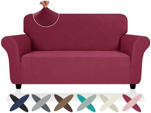 ZNSAYOTX Super Stretch Loveseat Covers (57"-70"), New Striped Love Seat Slipcover, Dogs Pet Friendly Anti-Slip Couch Protector Spandex Durable 2 Seater Fabric Sofa Cover (Wine Red, Loveseat) by ZNSAYOTX