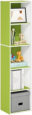 Furinno PASIR Book Shelf, 5-Tier Modern Bookshelf, Open Shelves Bookcase 9 x 12 x 52, Easy Assembly, for Living Room, Bedroom, Home Office, Green/White by Furinno-FitsYourSpaceFitsYourBudget