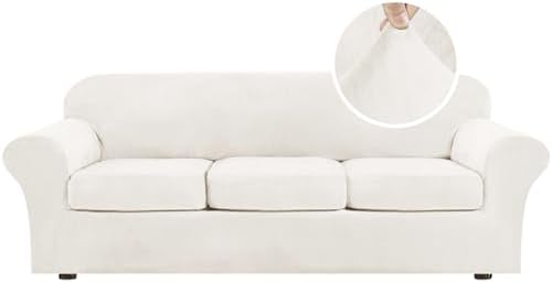 H.VERSAILTEX High Stretch Sofa Slipcover 4 Piece Cover Velvet Furniture Protector Form Fit Thick Velvet Extra Large Sofa Cover for 3 Cushion Couch Width Up to 97 Inch (Large Sofa, Porcelain White) by HVERSAILTEX