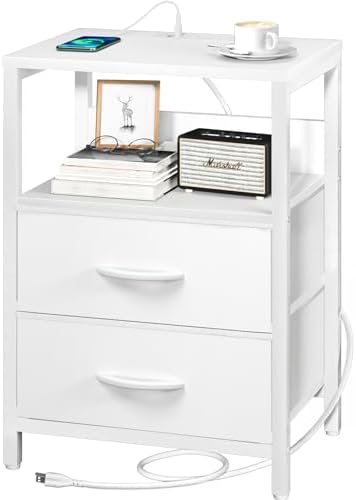 Yoobure Nightstand with Charging Station, Small Night Stand with Fabric Drawers and Storage Shelf for Bedrooms, Nightstands for Small Spaces, Bedside Table with USB Ports & Outlets, Bed Side Table by Yoobure