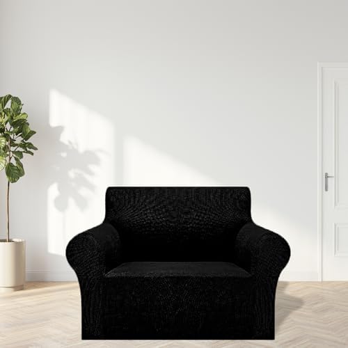 Cupuamon 2026 New Stretch Chair Sofa Slipcovers Couch Cover for 1 Seater Furniture Protector Sofa Covers with Elastic Bottom Jacquard Fabric Small Checks for Pets, Kids - Black - Image 3