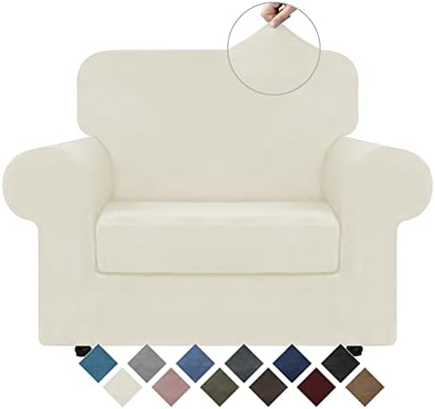 WEERRW Stretch Chair Sofa Slipcover - 2 Pieces Luxury Soft Plush Couch Cover Furniture Protector with Elastic Bottom for Pets, Machine Washable, Ivory, Small by WEERRW
