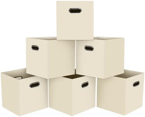 Black Foldable Storage Cubes Bins, Fabric Storage Box Cubes Organizer Baskets with Dual Handles for Home Organizer,Set of 6,(Creamy-White) by HEAYEEG