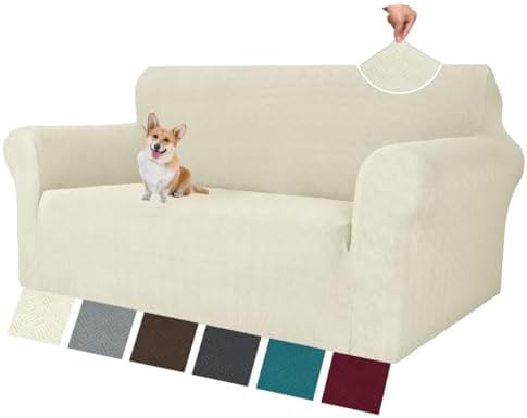 MAXIJIN Loveseat Cover Sofa Covers (55"-69"), 1-Piece Stretch Couch Covers for 2 Cushion Couch Love Seat Slipcover with Elastic Bottom for Kids,Dog (Loveseat, Diamond Pattern Beige) by MAXIJIN