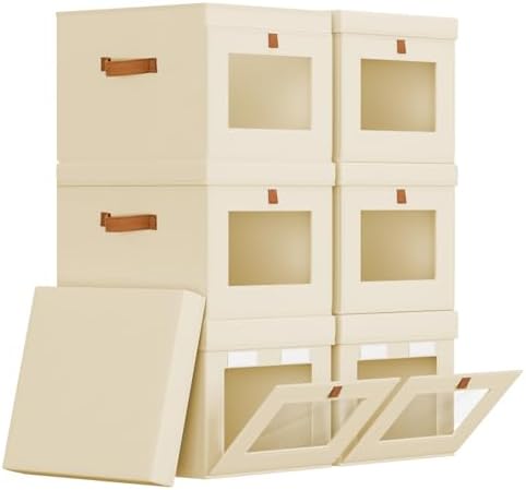 Homsorout Storage Bins with Lid – Closet Organizer with Side Opening and Clear Window, Foldable Stackable Fabric Basket for Clothes, Home, Office - 13.77" x 11.8" x 9.8", 6 Pack, Beige by Homsorout