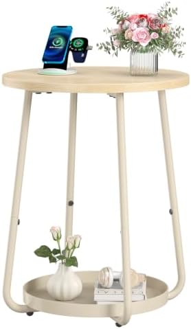 sthmec Small Round Side End Table with Storage, 2 Tier Round Bedside Sofa Couch Coffee Tables with Tray, Metal Nightstand for Small Spaces, Living Room Bedroom, Natural by Unknown