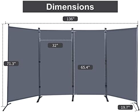 4 Panel Folding Room Divider,136" W x 71.3" H Portable Privacy Screen,Grey - Image 2