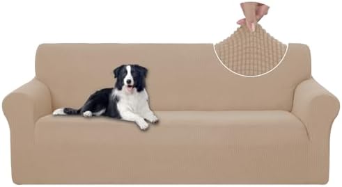 U-NICE HOME Stretch Couch Cover Sofa Covers for 3 Cushion Couch Slipcover with Elastic Bottom Furniture Protector for Dogs, Spandex Jacquard Soft Fabric (Large, Camel) by U-NICEHOME